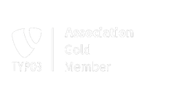 Das TYPO3 Logo mit einem Schriftzug Association Gold Member, alles in weiss gehalten
