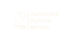 Weißer Schriftzug Association Platinum Member nebem TYPO3-Logo